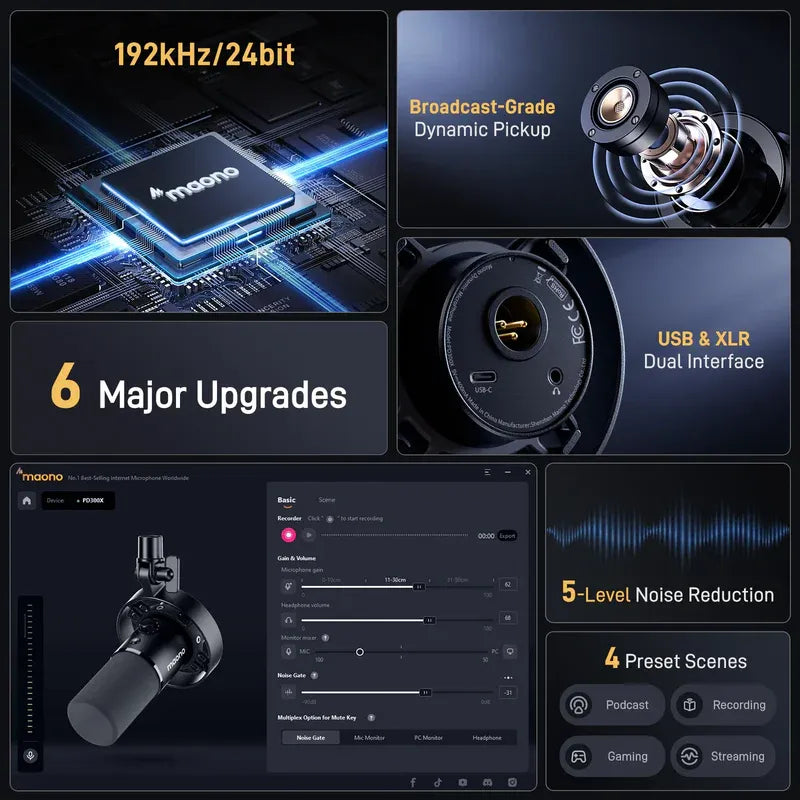 ميكروفون ديناميكي Maono PD300X USB/XLR بتردد 192 كيلو هرتز/24 بت للبث والتسجيل والتدوين الصوتي