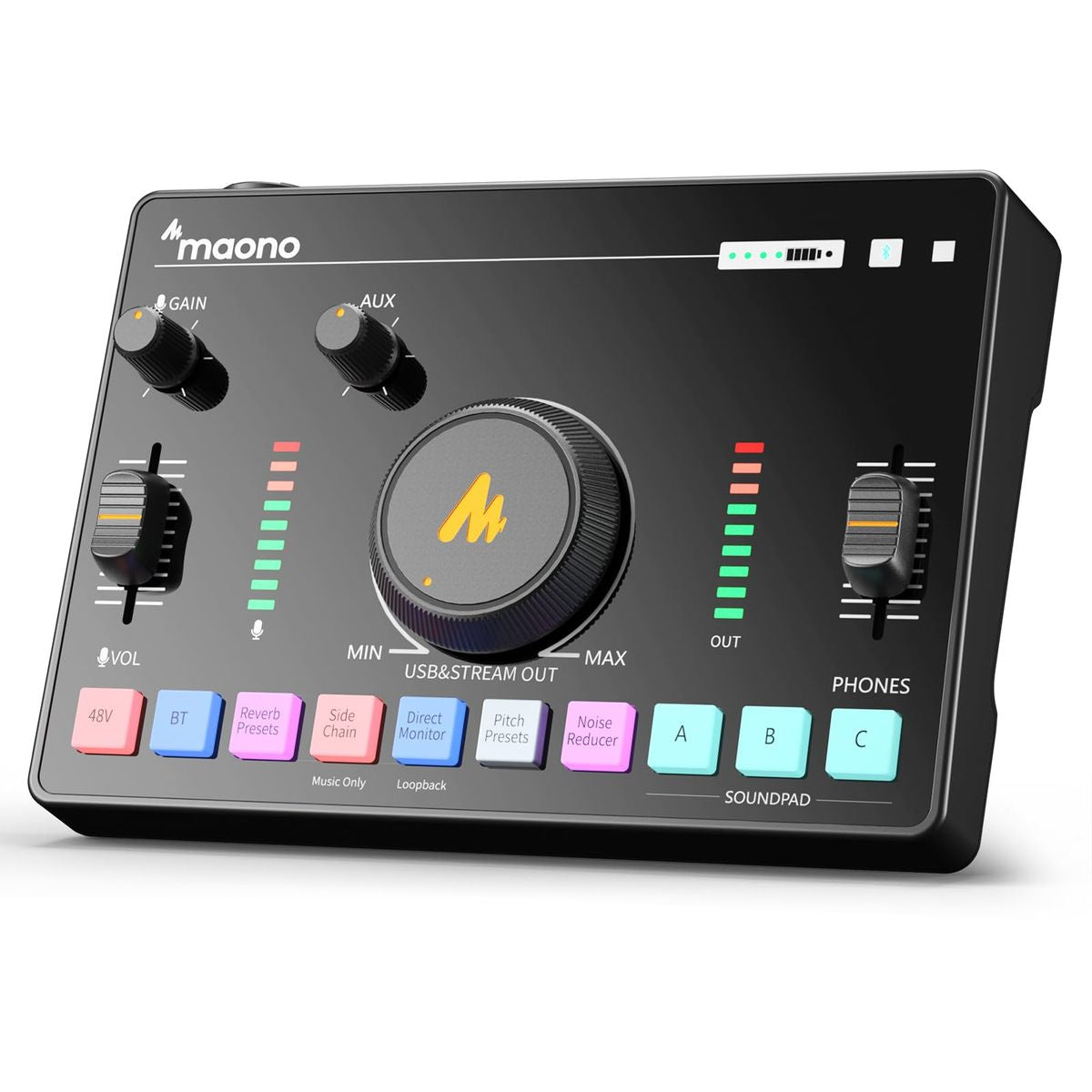 MAONO AMC2 NEO Audio Mixer – Portable Podcast Console with Dual Mic Inputs, Bluetooth, Voice FX, and USB Interface for Streaming & Recording (Black)