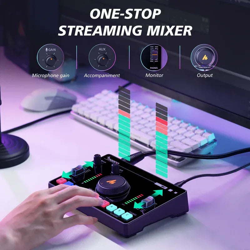 MAONO AMC2 NEO Audio Mixer – Portable Podcast Console with Dual Mic Inputs, Bluetooth, Voice FX, and USB Interface for Streaming & Recording (Black)