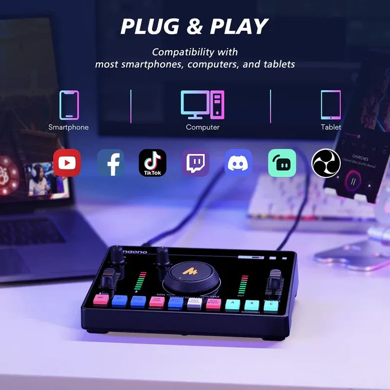 MAONO AMC2 NEO Audio Mixer – Portable Podcast Console with Dual Mic Inputs, Bluetooth, Voice FX, and USB Interface for Streaming & Recording (Black)