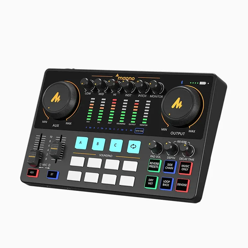 MAONO Maonocaster AME2 Podcast Audio Interface, USB-C, 1×XLR + 1×3.5mm Mic, Bluetooth BGM, 11 Pads, 48k/16-bit, Battery up to 8h