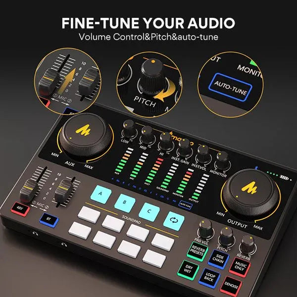 MAONO Maonocaster AME2 Podcast Audio Interface, USB-C, 1×XLR + 1×3.5mm Mic, Bluetooth BGM, 11 Pads, 48k/16-bit, Battery up to 8h