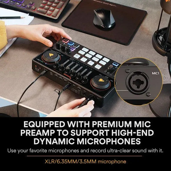 MAONO Maonocaster AME2 Podcast Audio Interface, USB-C, 1×XLR + 1×3.5mm Mic, Bluetooth BGM, 11 Pads, 48k/16-bit, Battery up to 8h