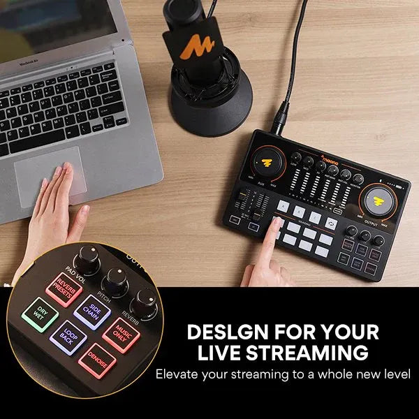 MAONO Maonocaster AME2 Podcast Audio Interface, USB-C, 1×XLR + 1×3.5mm Mic, Bluetooth BGM, 11 Pads, 48k/16-bit, Battery up to 8h