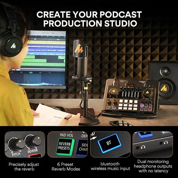 MAONO Maonocaster AME2 Podcast Audio Interface, USB-C, 1×XLR + 1×3.5mm Mic, Bluetooth BGM, 11 Pads, 48k/16-bit, Battery up to 8h
