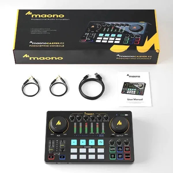 MAONO Maonocaster AME2 Podcast Audio Interface, USB-C, 1×XLR + 1×3.5mm Mic, Bluetooth BGM, 11 Pads, 48k/16-bit, Battery up to 8h