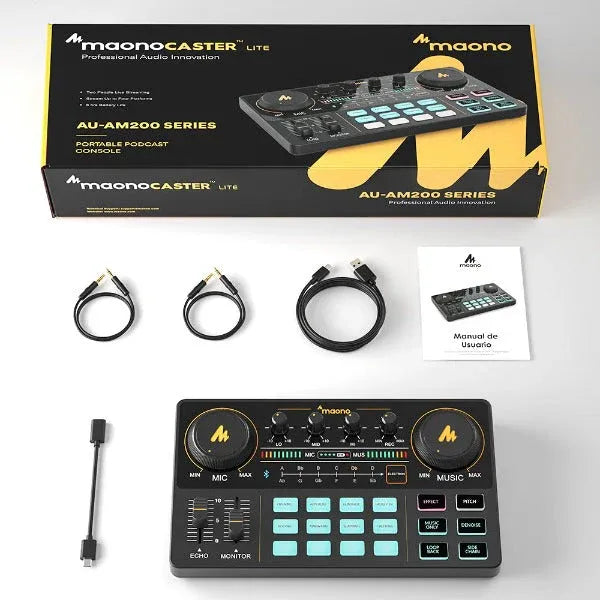 Maono Maonocaster Lite AU-AM200 Podcast Console, USB-C Audio Interface, 48kHz/16-bit, 8 Sound Pads, Voice FX, XLR/3.5mm, Loopback