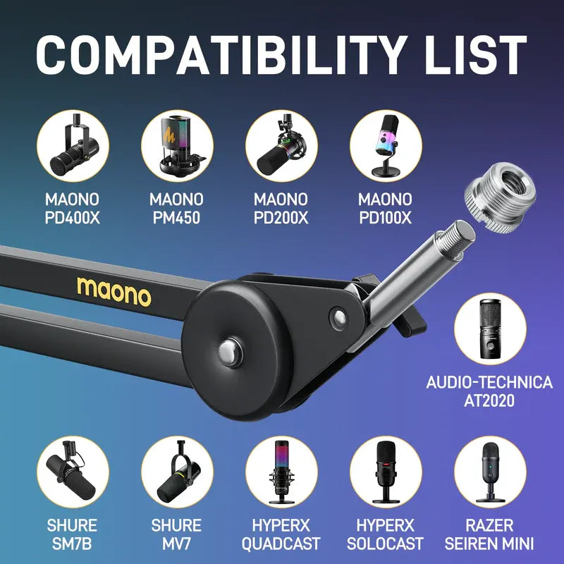 MAONO BA37 Microphone Boom Arm, Heavy-Duty Adjustable Desk Stand, Upgraded C-Clamp, 3/8″–5/8″ Adapter, Cable Management