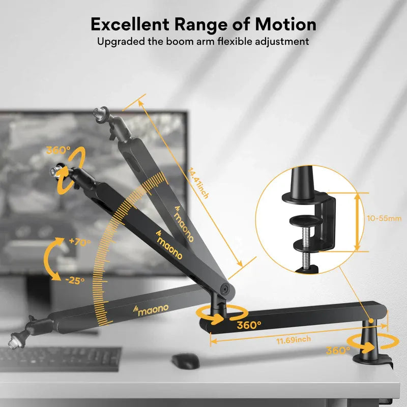 MAONO BA92 Adjustable Microphone Arm Stand – Heavy-Duty Metal Boom with 360° Rotation, Shock Absorber & Desk Clamp for Podcast, Studio, Streaming
