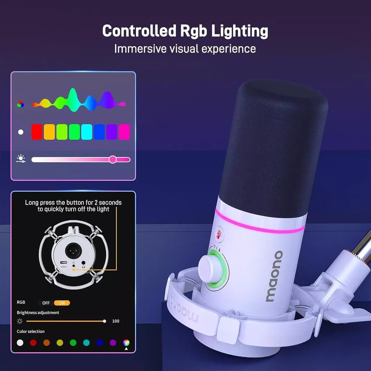 MAONO PD200X White Dynamic USB/XLR Microphone – Studio-Grade Streaming Mic with RGB Light, Gain Control & Zero-Latency Monitoring for Podcast, Gaming