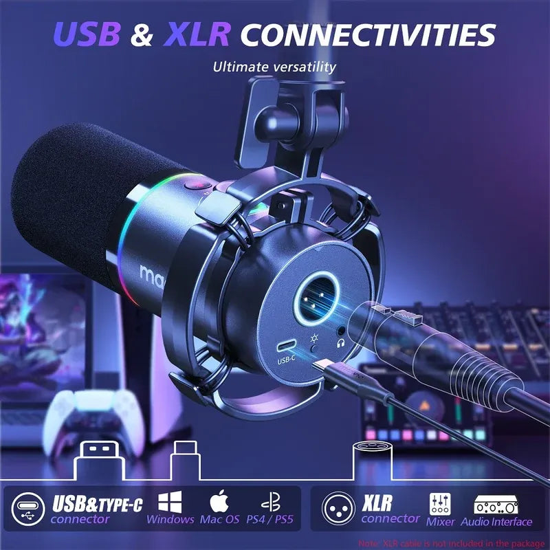 MAONO PD200X White Dynamic USB/XLR Microphone – Studio-Grade Streaming Mic with RGB Light, Gain Control & Zero-Latency Monitoring for Podcast, Gaming