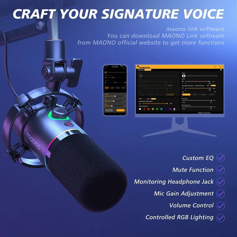 MAONO PD200X White Dynamic USB/XLR Microphone – Studio-Grade Streaming Mic with RGB Light, Gain Control & Zero-Latency Monitoring for Podcast, Gaming