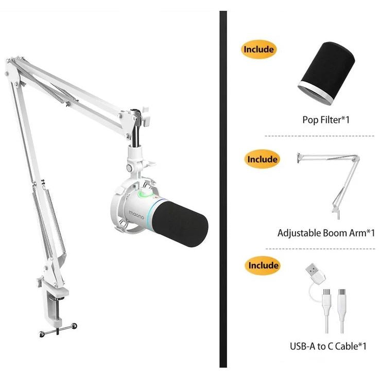 MAONO PD200X White Dynamic USB/XLR Microphone – Studio-Grade Streaming Mic with RGB Light, Gain Control & Zero-Latency Monitoring for Podcast, Gaming