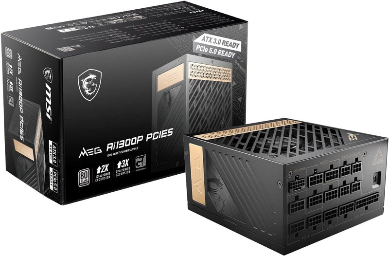 MEG Ai1300P PCIE 5 & ATX 3.0 Gaming Power Supply - Full Modular - 80 Plus Platinum Certified 1300W - Compact Size - ATX PSU