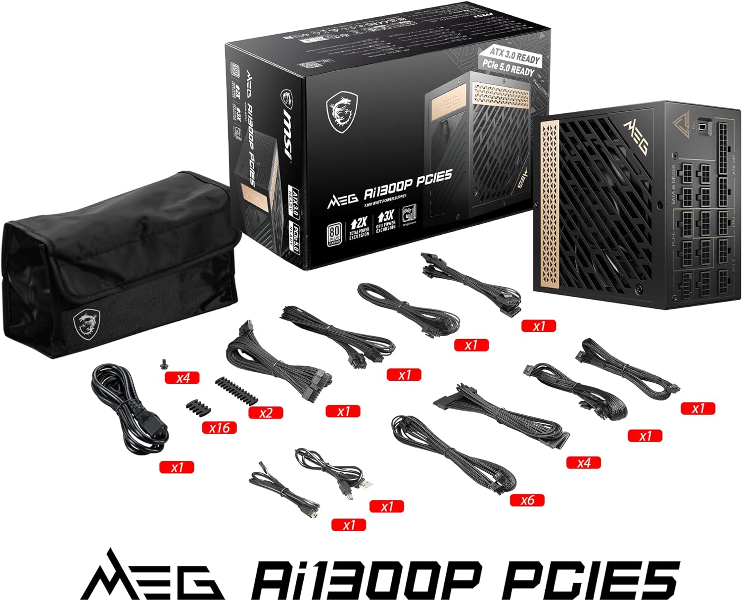 MSI MEG Ai1300P PCIE 5 & ATX 3.0 Gaming Power Supply - Full Modular - 80 Plus Platinum Certified 1300W - Compact Size - ATX PSU
