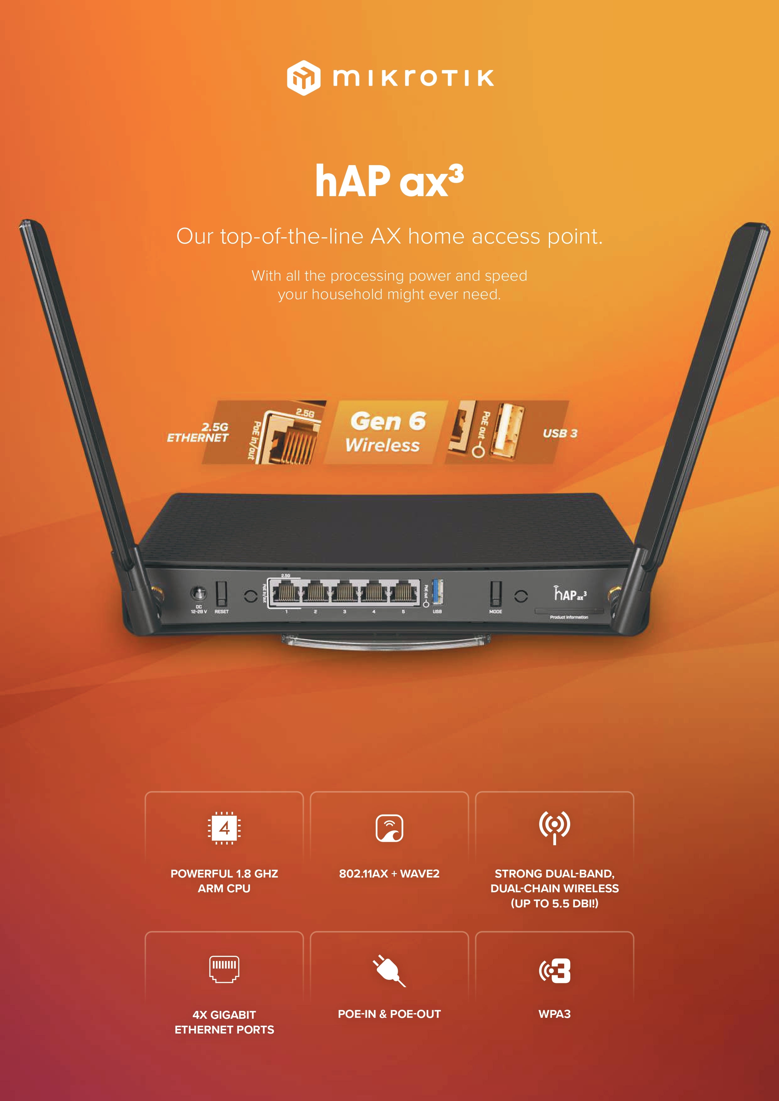 MikroTik hAP ax³ Gen 6 AX Home Access Point, Quad-Core 1.8GHz, 2.5G Ethernet, PoE, USB 3.0, WPA3, Dual-Band Wi-Fi 6