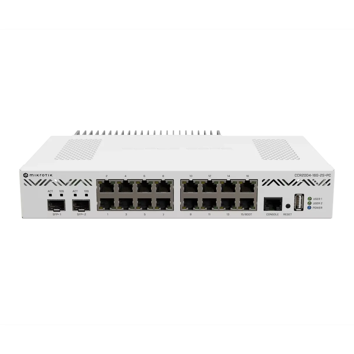 جهاز التوجيه الأساسي السحابي MikroTik CCR2004-16G-2S+PC، يحتوي على 16 منفذ إيثرنت بسرعة جيجابت، ومنفذين SFP+ بسرعة 10G، ومعالج رباعي النوى بتردد 1.2GHz، وذاكرة RAM بسعة 4GB، ونظام RouterOS v7