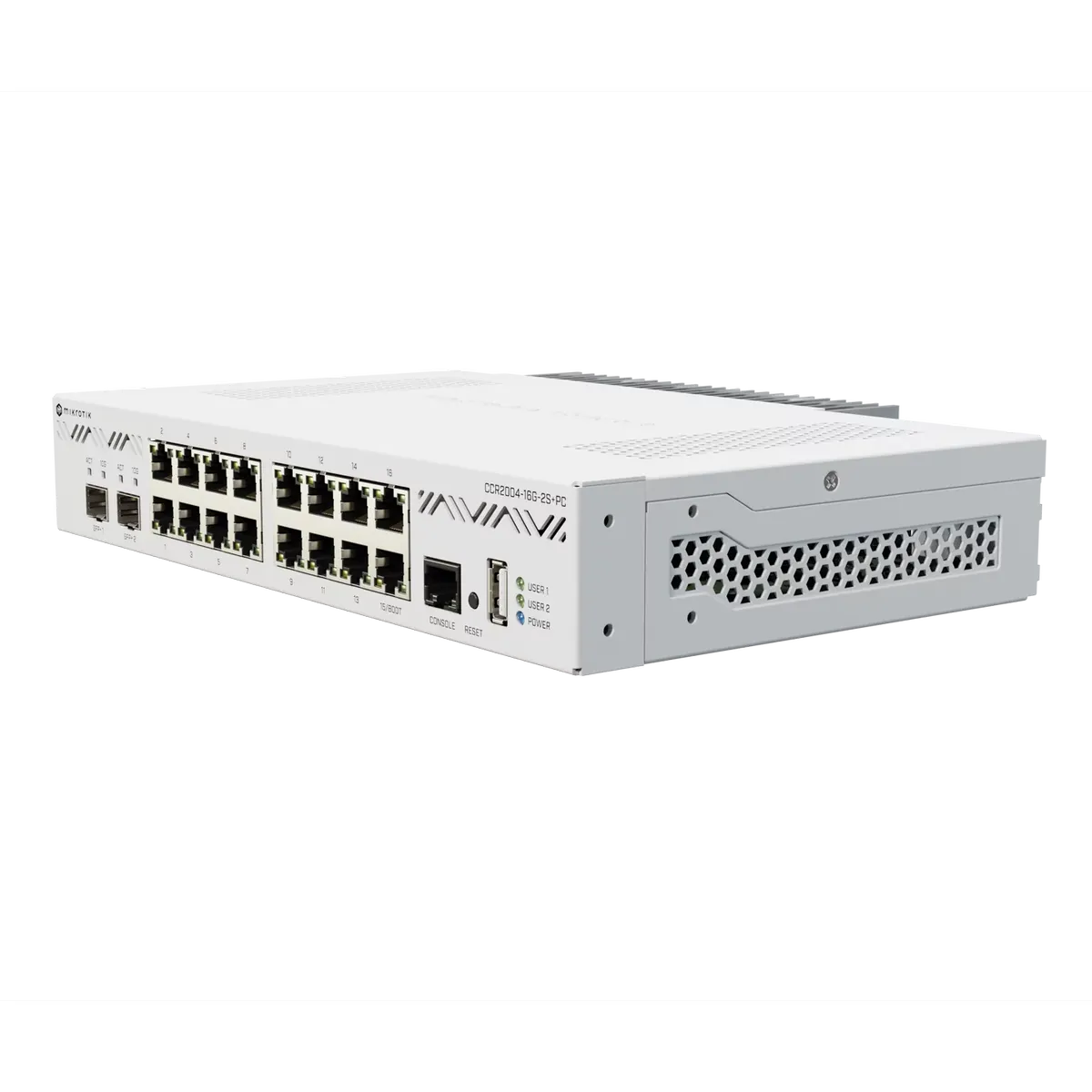 جهاز التوجيه الأساسي السحابي MikroTik CCR2004-16G-2S+PC، يحتوي على 16 منفذ إيثرنت بسرعة جيجابت، ومنفذين SFP+ بسرعة 10G، ومعالج رباعي النوى بتردد 1.2GHz، وذاكرة RAM بسعة 4GB، ونظام RouterOS v7