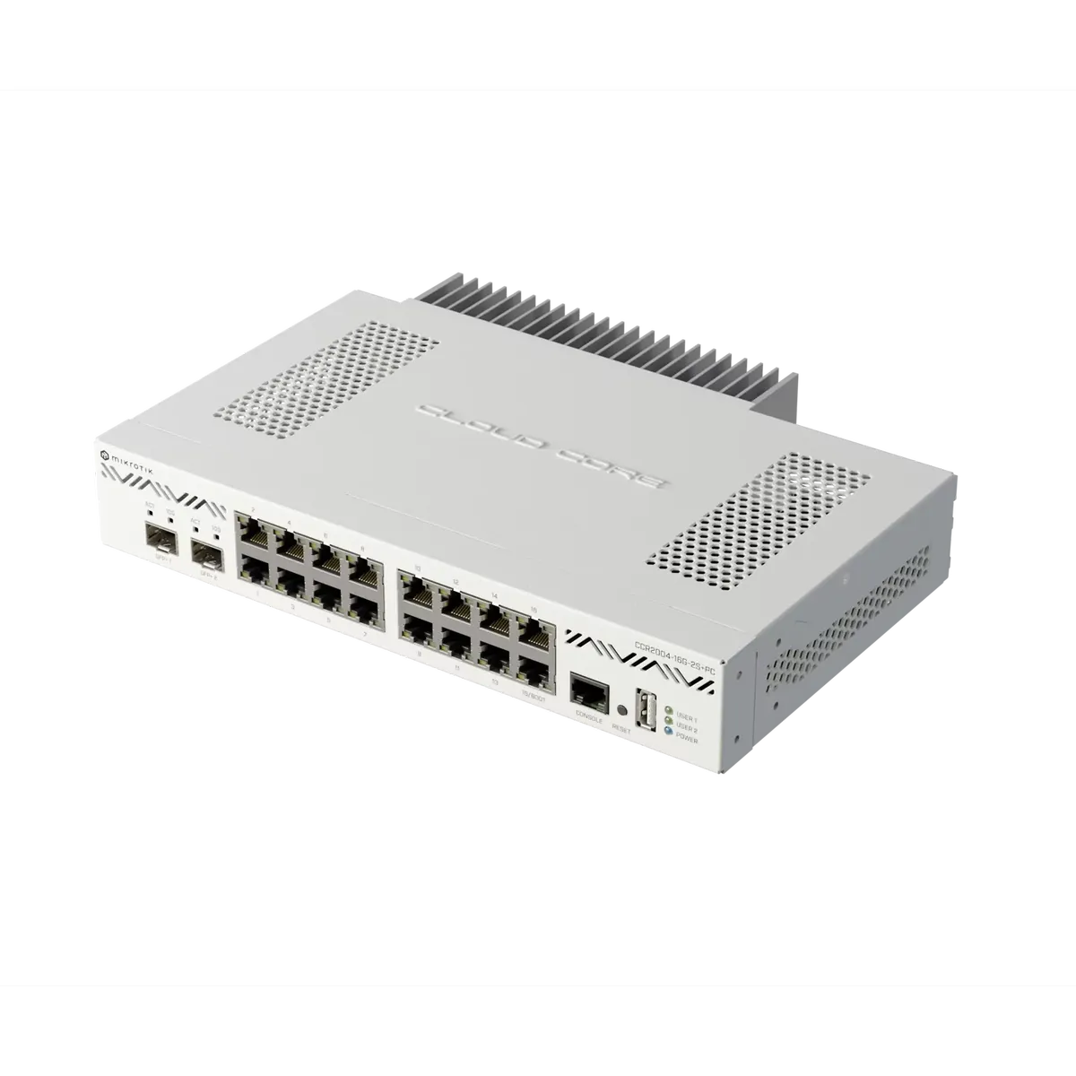 جهاز التوجيه الأساسي السحابي MikroTik CCR2004-16G-2S+PC، يحتوي على 16 منفذ إيثرنت بسرعة جيجابت، ومنفذين SFP+ بسرعة 10G، ومعالج رباعي النوى بتردد 1.2GHz، وذاكرة RAM بسعة 4GB، ونظام RouterOS v7