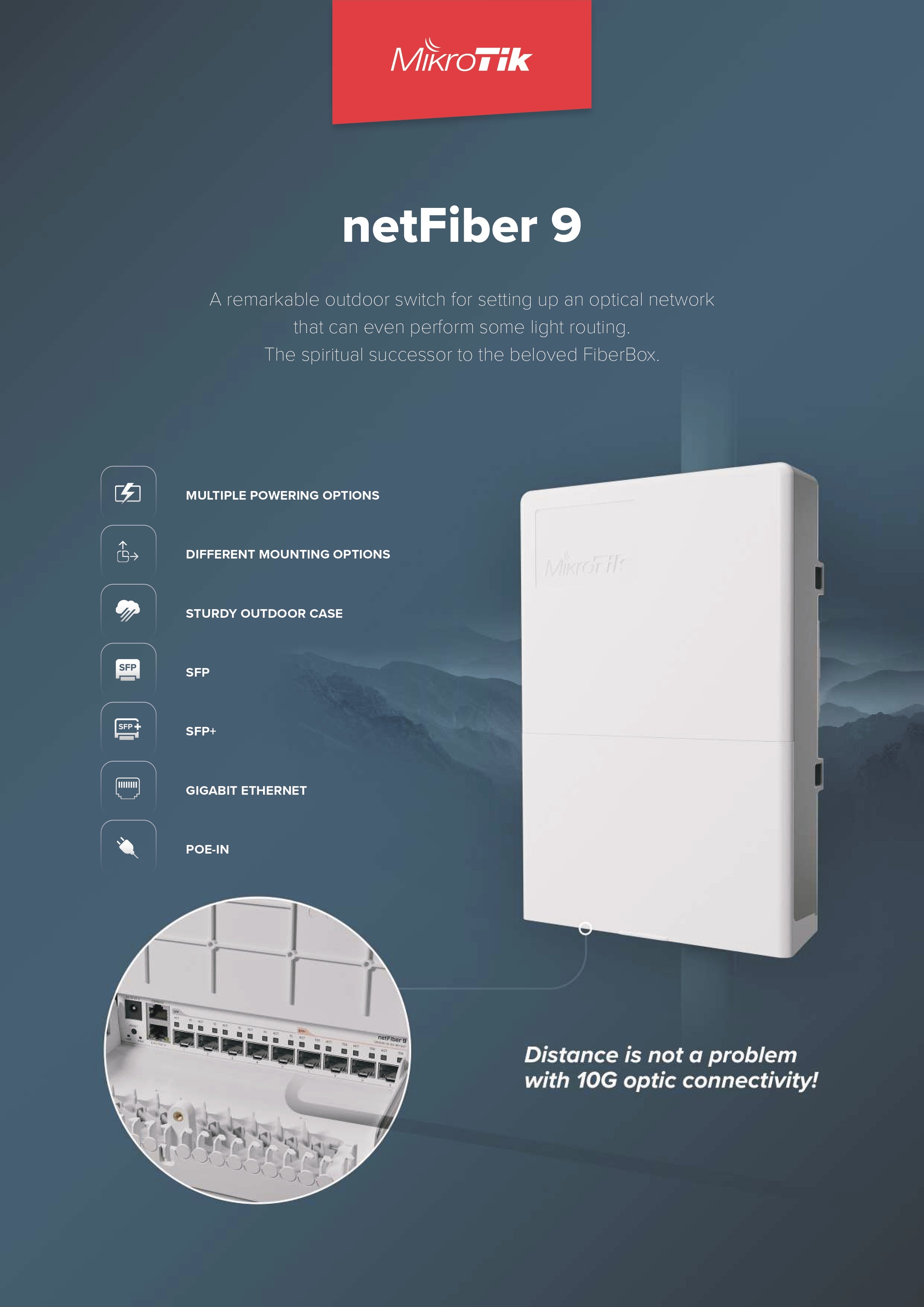 MikroTik netFiber 9 Outdoor Switch | 5x SFP | 4x SFP+ 10G | 1x Gigabit Ethernet | PoE-in | Rugged Case | RouterOS L5