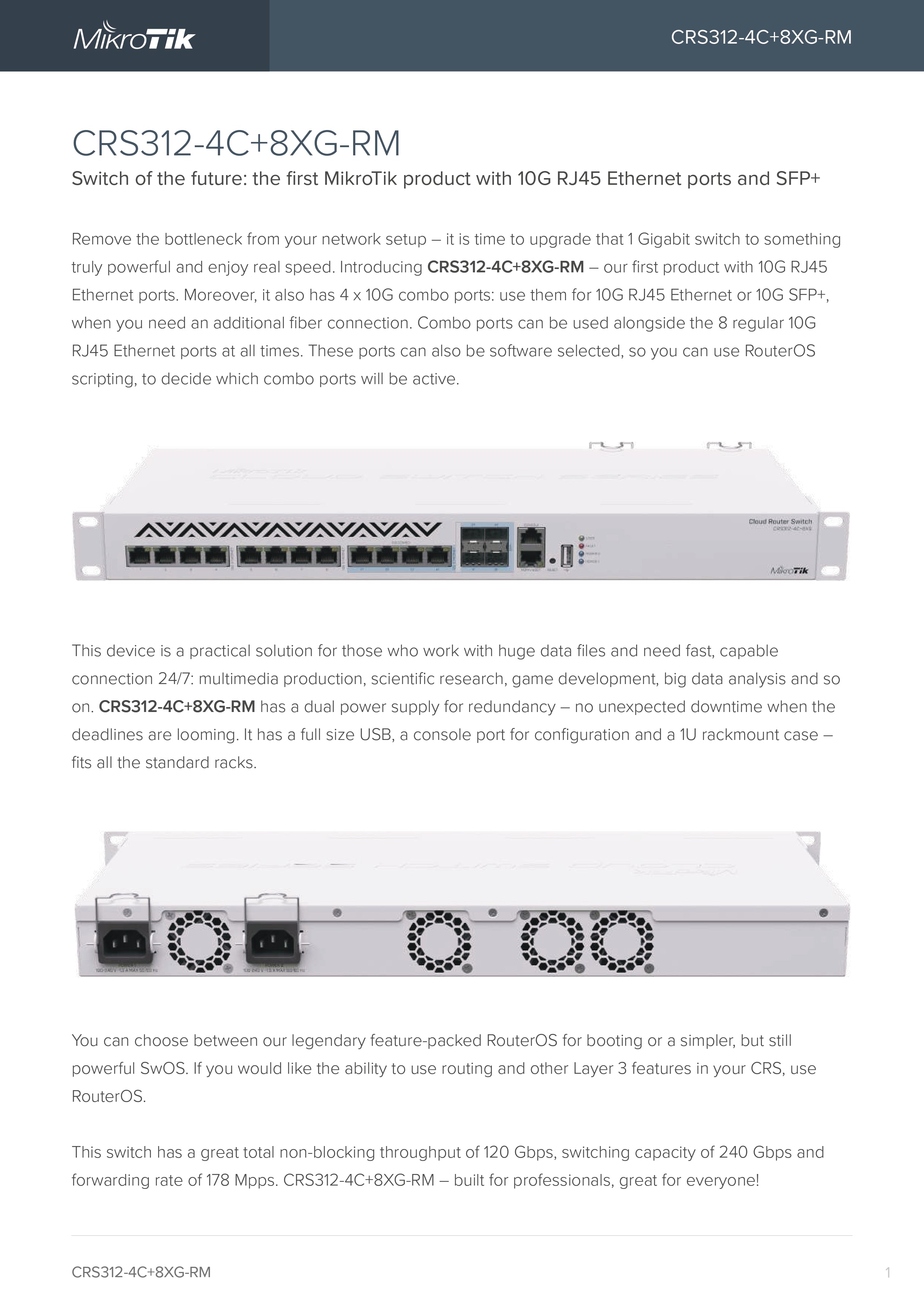 MikroTik 12-Port 10G Cloud Router Switch | 8x 10G RJ45 | 4x 10G Combo | Dual Power | 1U Rackmount | RouterOS/SwOS