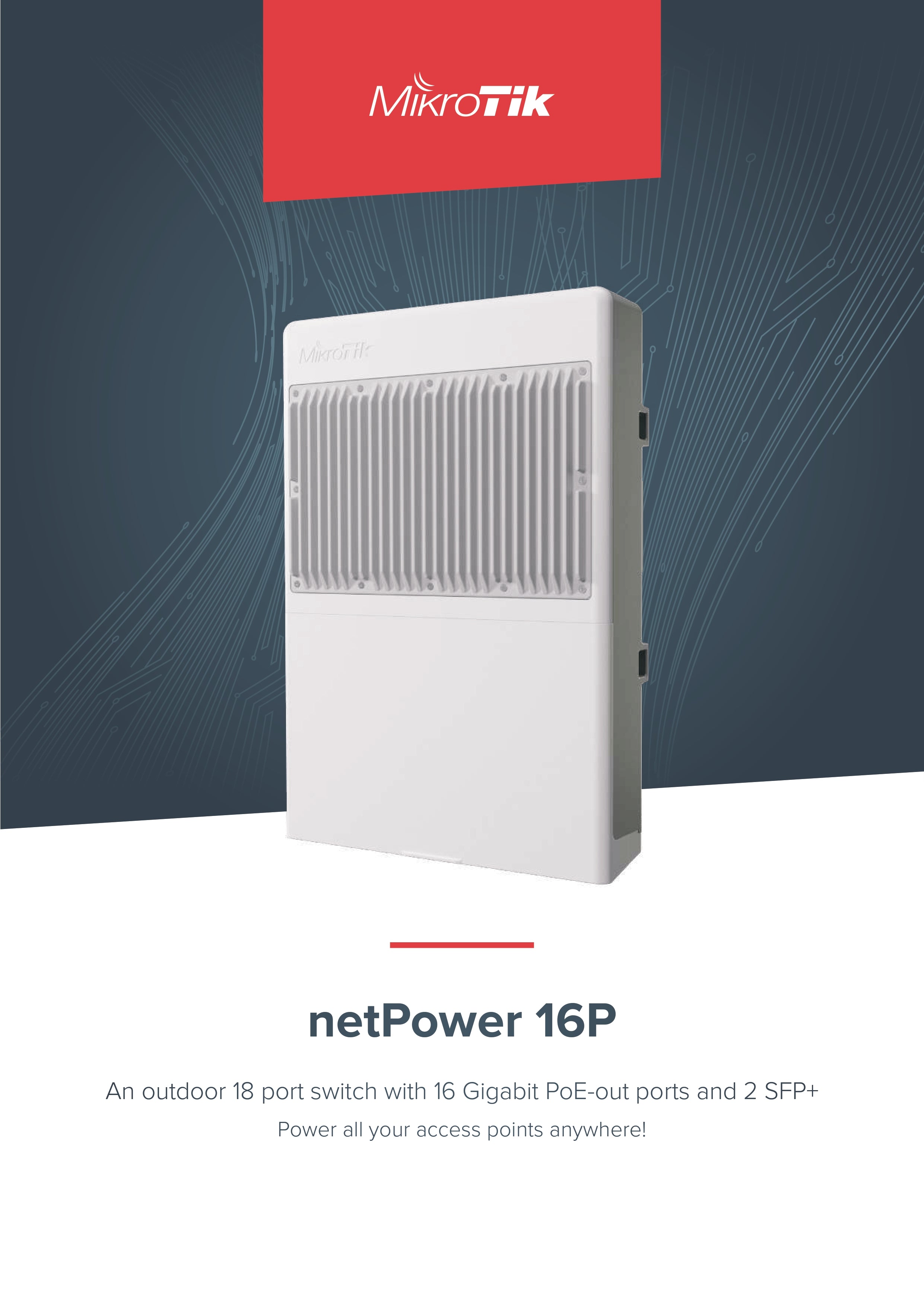MikroTik netPower 16P Outdoor Switch | 16x Gigabit PoE-out | 2x 10G SFP+ | Passive PoE | RouterOS/SwOS | Tower/Rack Mount