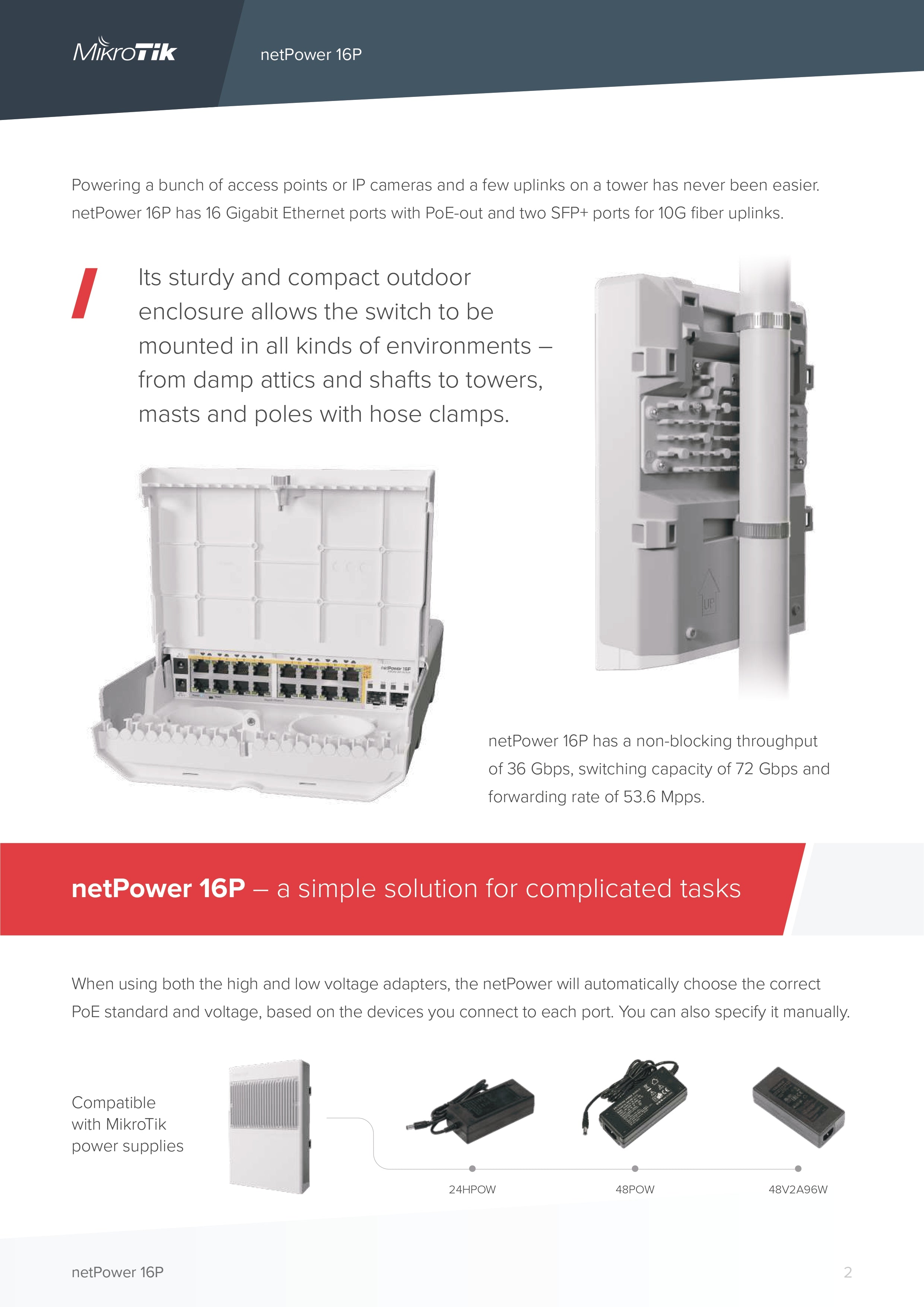MikroTik netPower 16P Outdoor Switch | 16x Gigabit PoE-out | 2x 10G SFP+ | Passive PoE | RouterOS/SwOS | Tower/Rack Mount