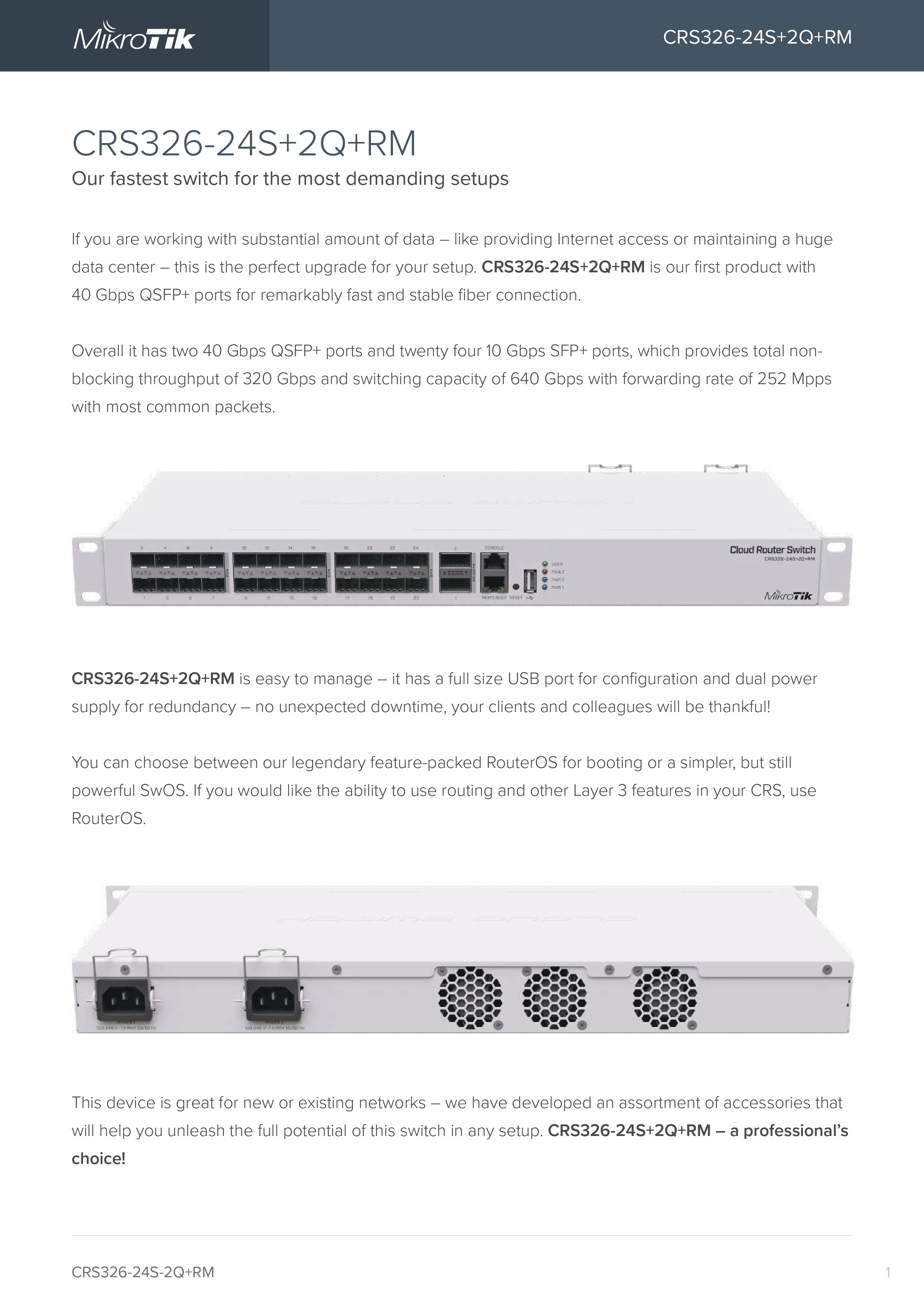 MikroTik Cloud Router Switch | 24x 10G SFP+ Ports | 2x 40G QSFP+ | USB | Dual PSU | RouterOS/SwOS | 1U Rackmount