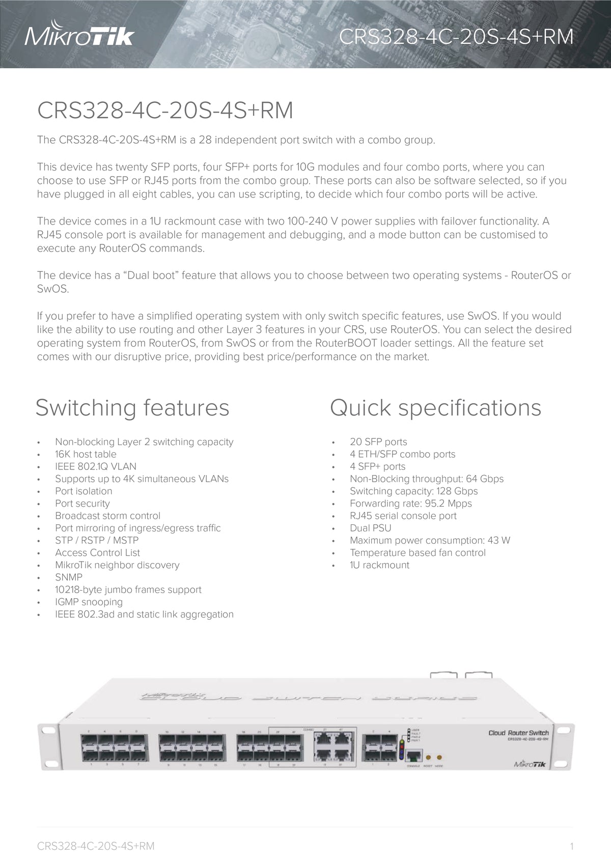 مفتاح MikroTik ذكي، 20 منفذ SFP، 4 منافذ SFP+ بسرعة 10G، 4 منافذ مدمجة، مزودا طاقة مزدوجان، RouterOS/SwOS، قابل للتركيب في حامل 1U