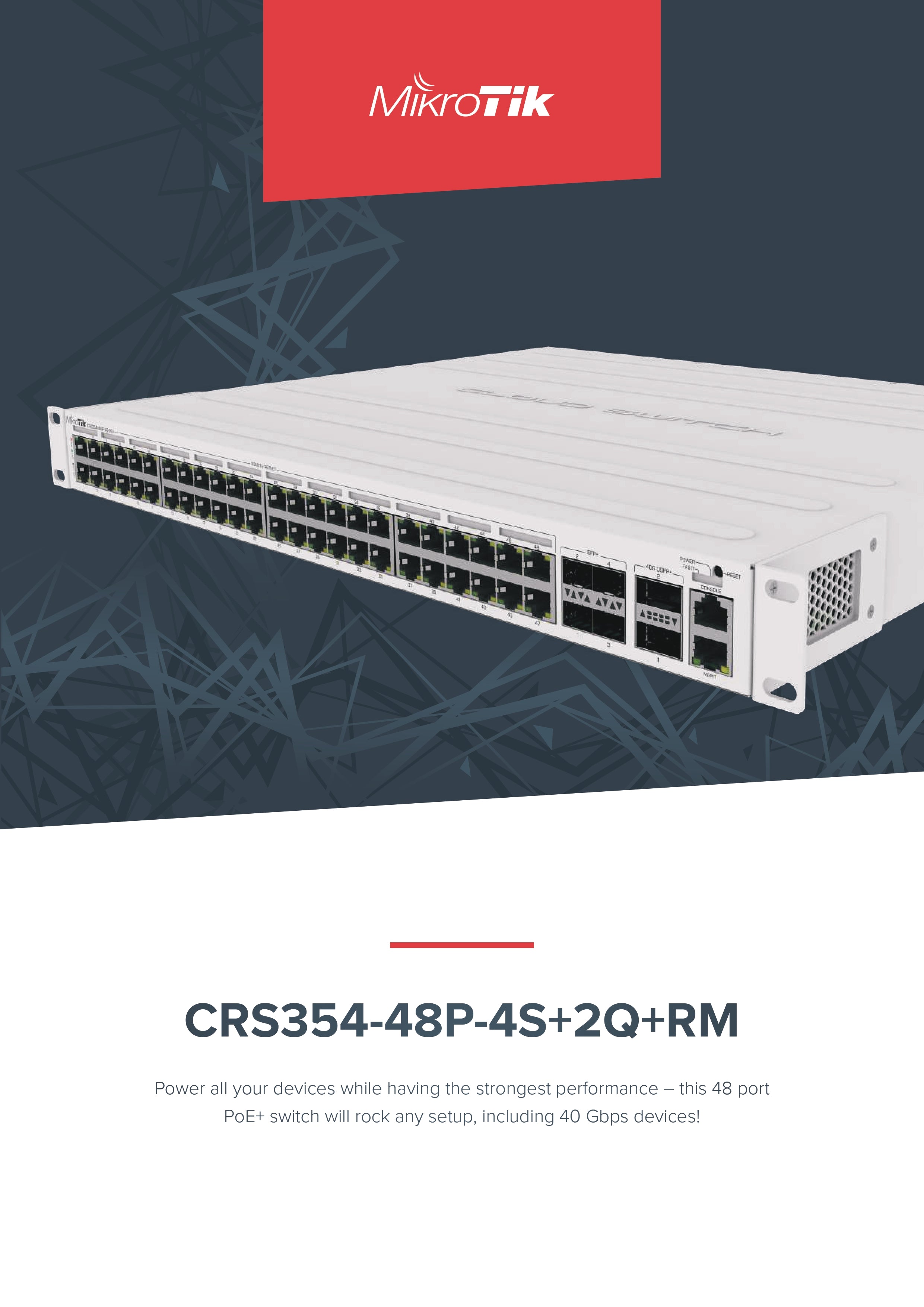 MikroTik 48-Port PoE+ Gigabit Switch with 4 x 10G SFP+ & 2 x 40G QSFP+ Ports, 800W Max Power, Ideal for High-Speed Networking