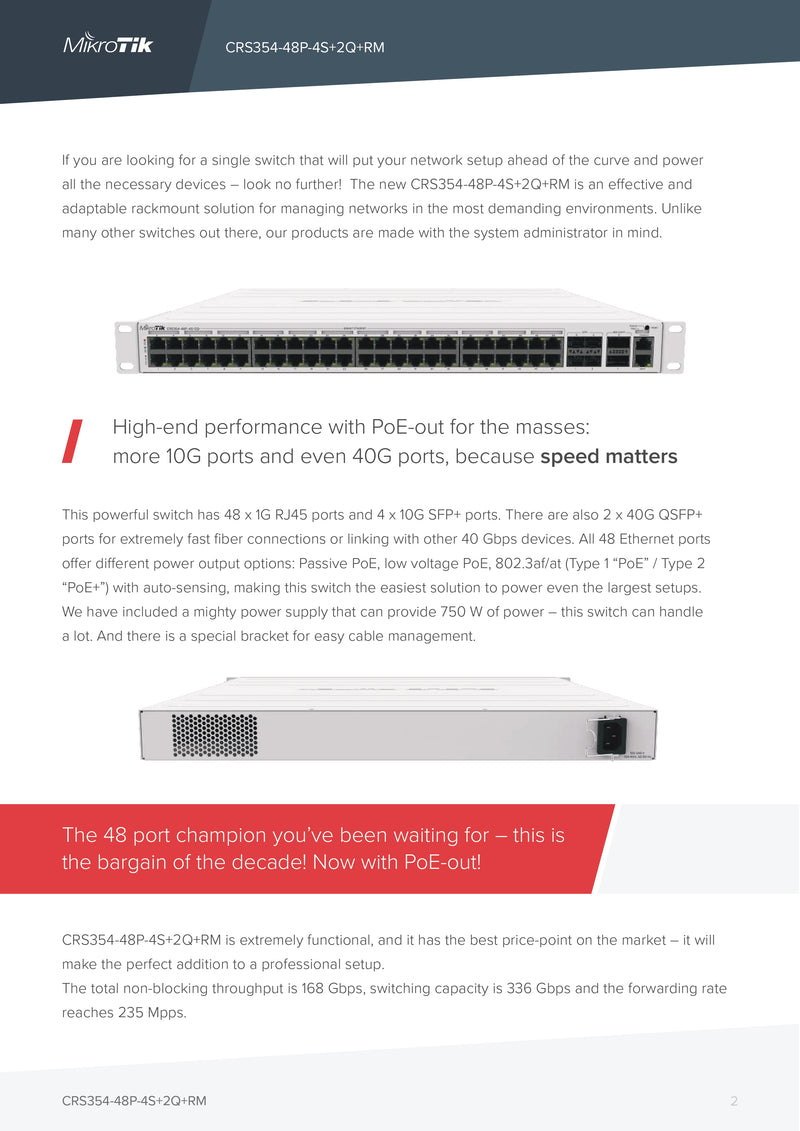 Mikrotik Switch CRS354-48P-4S+2Q+RM مع 48 منافذ 1G RJ45 و4 منافذ 10G SFP+ و2 x 40G QSFP+ لاتصالات الألياف السريعة للغاية أو الارتباط بأجهزة أخرى بسرعة 40 جيجابت في الثانية