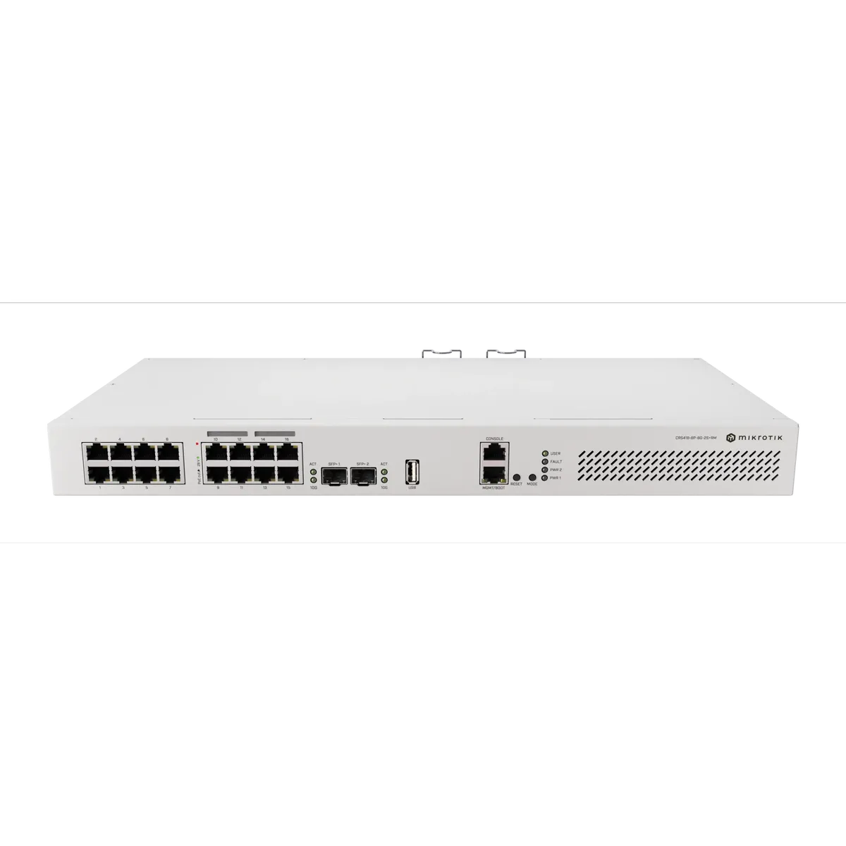 مفتاح توجيه سحابي MikroTik CRS418-8P-8G-2S+RM، 17 منفذ جيجابت، 8 منافذ PoE-Out، 2 منفذ 10G SFP+، نظام تشغيل RouterOS L5، قابل للتثبيت في الرف