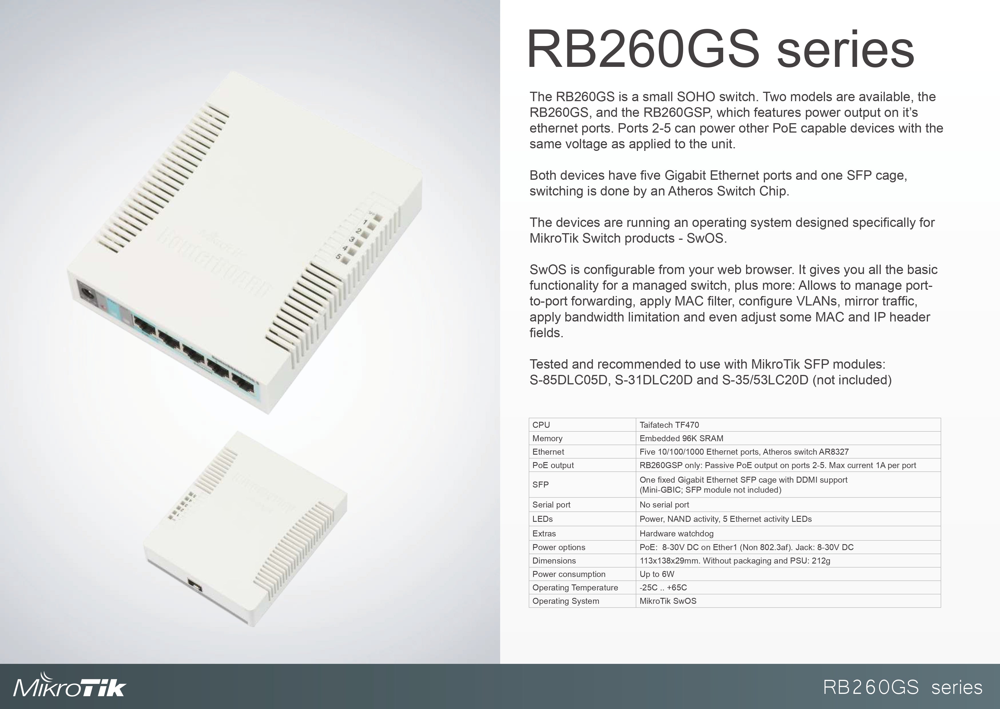 مفتاح ذكي من سلسلة MikroTik RB260GS SOHO مزود بـ 5 منافذ جيجابت، وSFP واحد، وSwOS، ومخرج PoE اختياري على المنافذ 2-5 (RB260GSP)