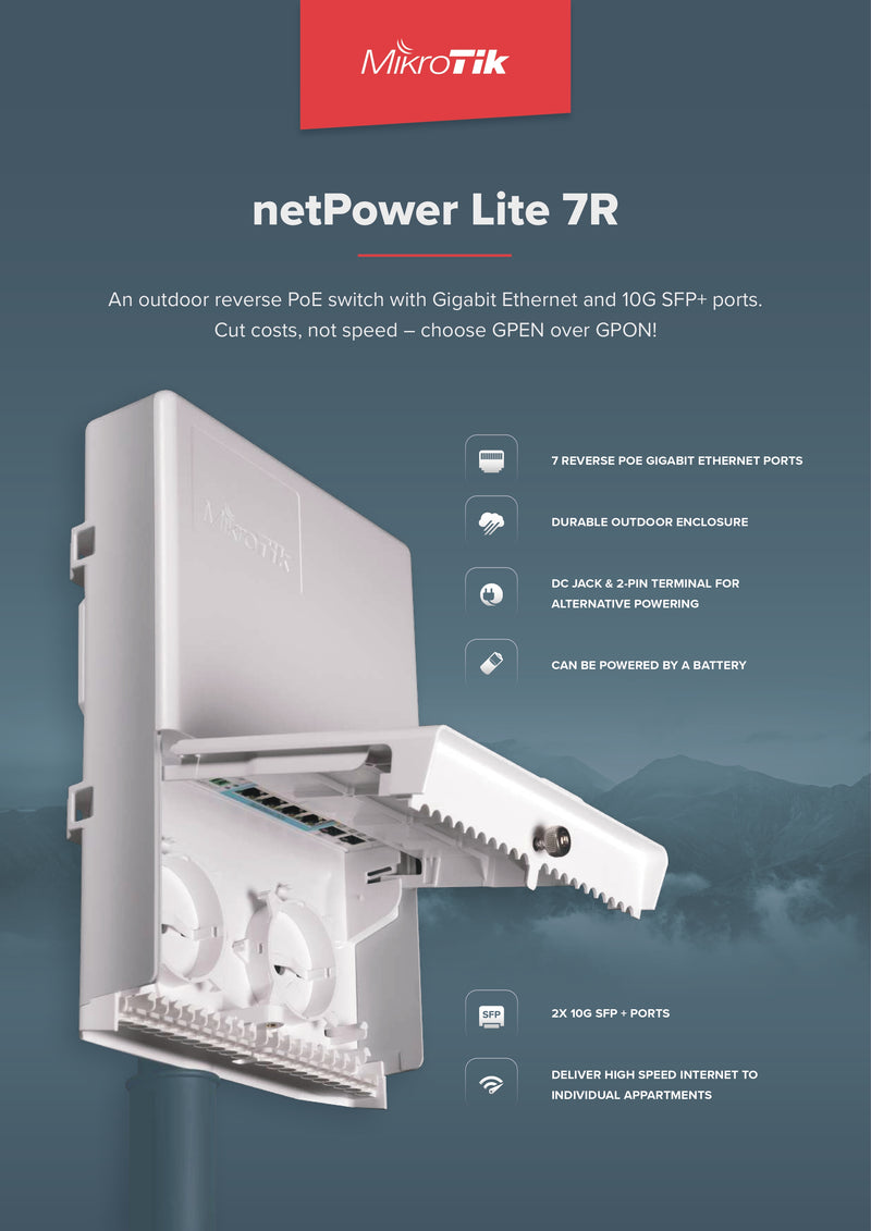 MikroTik netPower Lite 7R Outdoor Reverse PoE Switch with 8 Gigabit Ethernet Ports, 2 10G SFP+ Ports, and Passive PoE Power Options