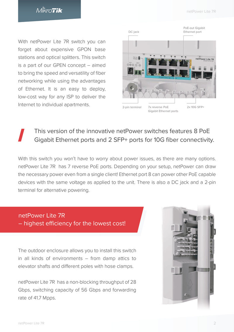 MikroTik netPower Lite 7R Outdoor Reverse PoE Switch with 8 Gigabit Ethernet Ports, 2 10G SFP+ Ports, and Passive PoE Power Options