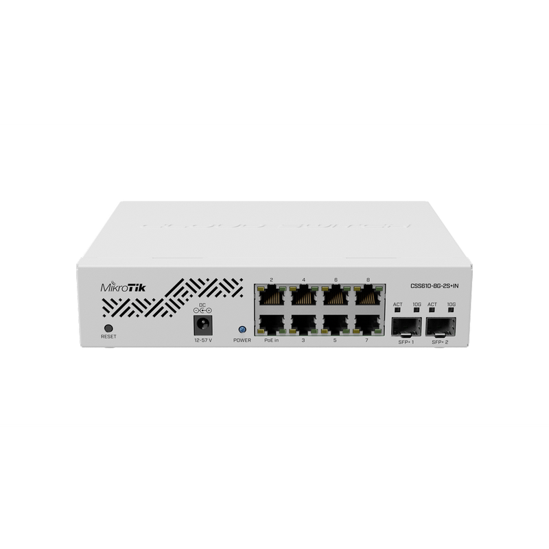 Mikrotik CSS610-8G-2S+IN Eight 1G Ethernet ports and two SFP+ ports for 10G fiber connectivity.