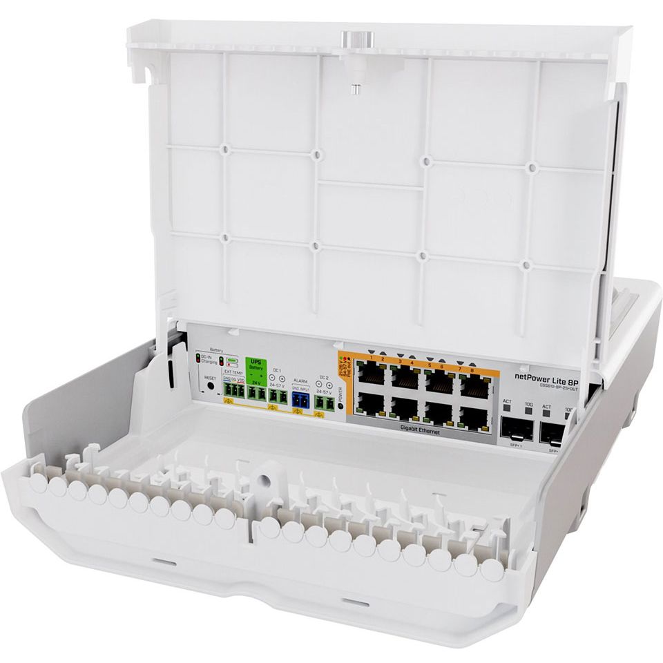 MikroTik CSS610-8P-2S+OUT Outdoor PoE Switch, 8 Gigabit Ethernet Ports, 2× 10G SFP+ Ports, Passive PoE Output, SwOS Lite