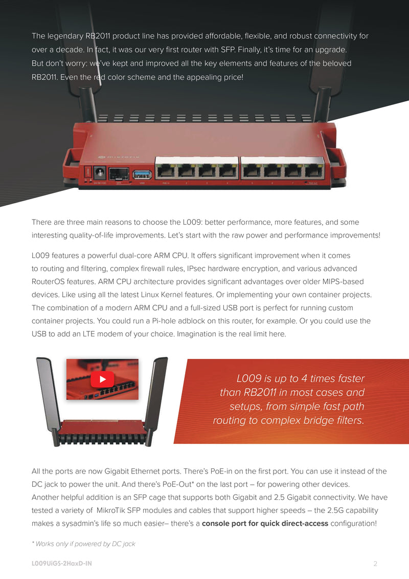 MikroTik L009UiGS-2HaxD-IN Gigabit Router with AX Wi-Fi, 8x Ethernet, 2.5G SFP, USB 3.0, ARM CPU, PoE In/Out, Container Support, Red Enclosure