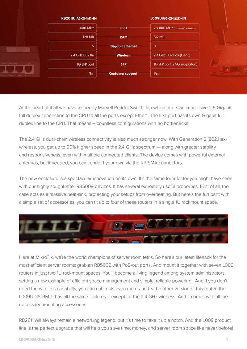 MikroTik L009UiGS-2HaxD-IN Gigabit Router with AX Wi-Fi, 8x Ethernet, 2.5G SFP, USB 3.0, ARM CPU, PoE In/Out, Container Support, Red Enclosure