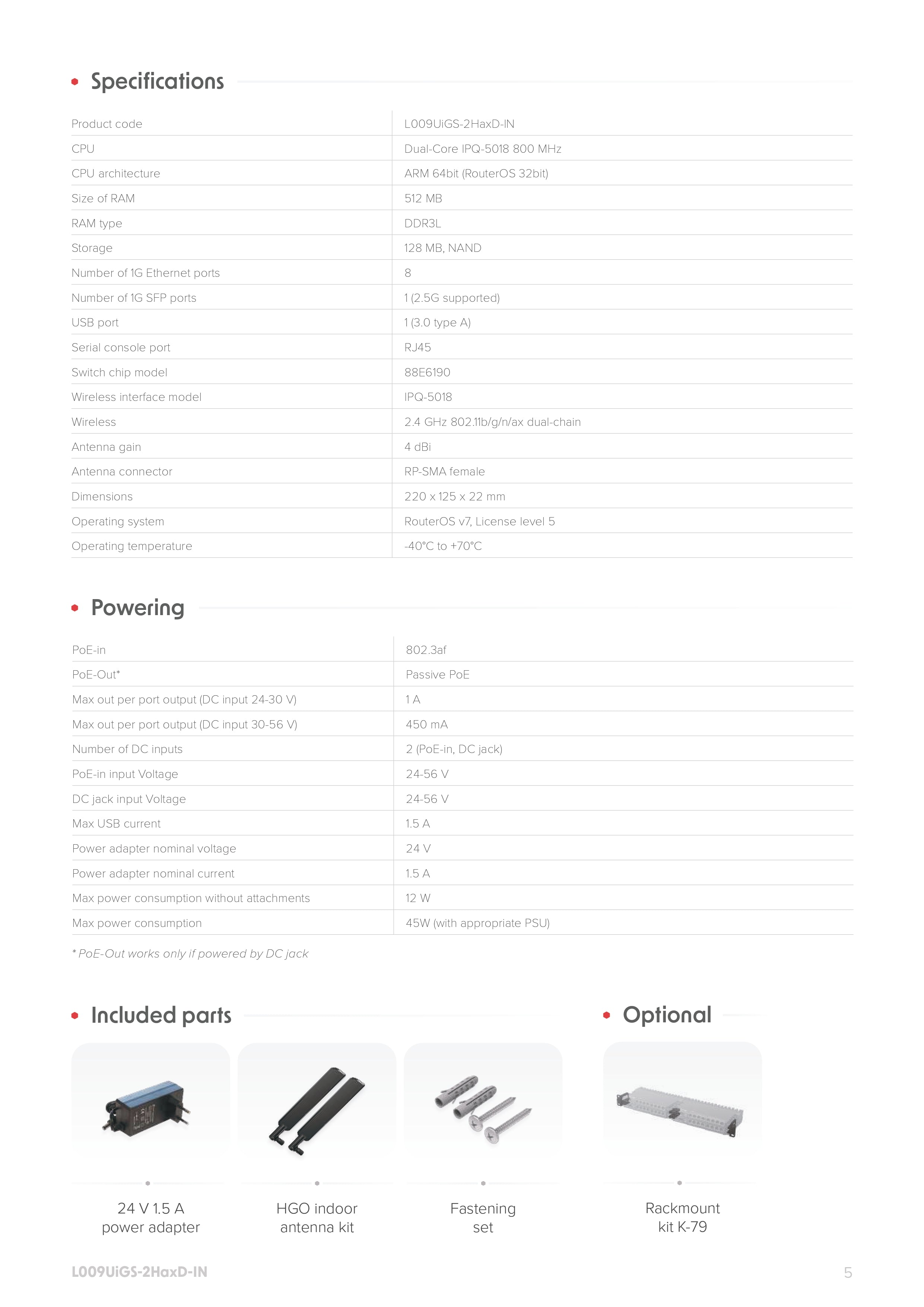 جهاز توجيه جيجابت MikroTik L009UiGS-2HaxD-IN مزود بشبكة واي فاي AX، و8 منافذ إيثرنت، وSFP بسرعة 2.5 جيجاهرتز، ومنفذ USB 3.0، ووحدة معالجة مركزية ARM، ومدخل/مخرج PoE، ودعم للحاويات، وغطاء أحمر