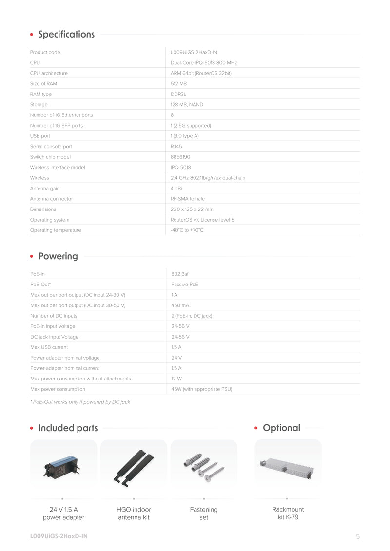 MikroTik L009UiGS-2HaxD-IN Gigabit Router with AX Wi-Fi, 8x Ethernet, 2.5G SFP, USB 3.0, ARM CPU, PoE In/Out, Container Support, Red Enclosure