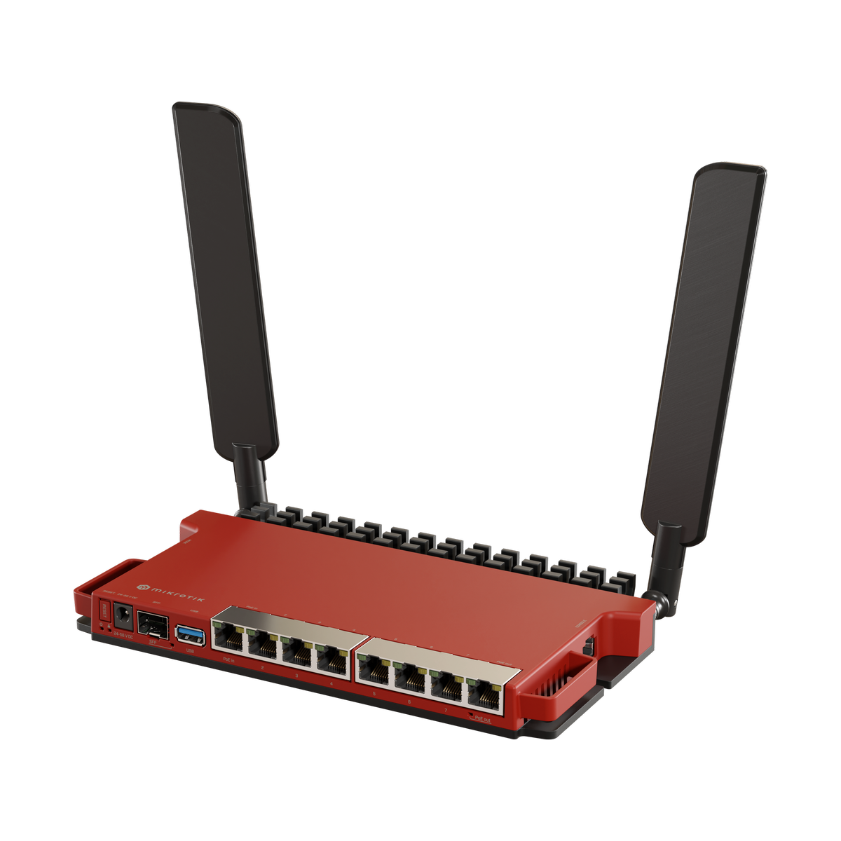 جهاز توجيه جيجابت MikroTik L009UiGS-2HaxD-IN مزود بشبكة واي فاي AX، و8 منافذ إيثرنت، وSFP بسرعة 2.5 جيجاهرتز، ومنفذ USB 3.0، ووحدة معالجة مركزية ARM، ومدخل/مخرج PoE، ودعم للحاويات، وغطاء أحمر