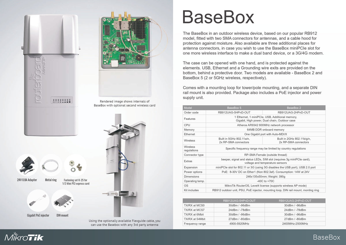 نقطة وصول/جهاز CPE خارجي MikroTik BaseBox5 RB912UAG-5HPnD-OUT، ‏5GHz ‏802.11a/n، وحدة معالجة مركزية بتردد 600MHz، ذاكرة RAM بسعة 64MB، منفذ Gigabit LAN واحد، USB، miniPCIe، RouterOS L4، PoE، وحدة تزويد بالطاقة، حوامل