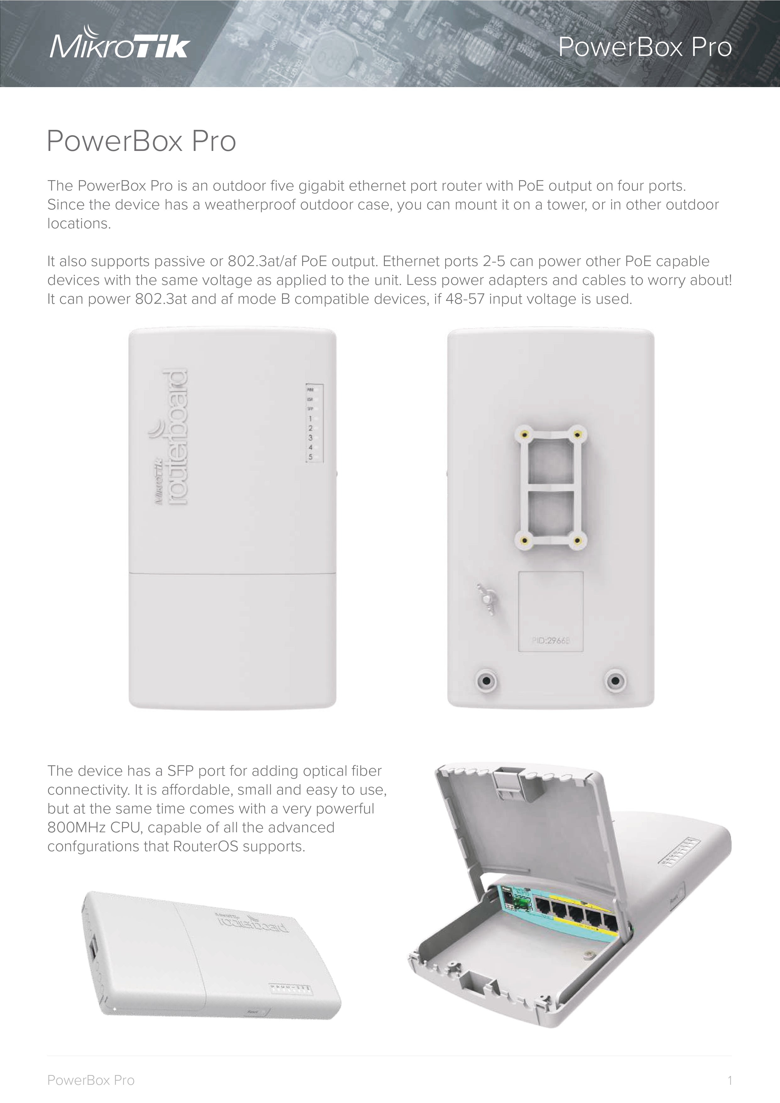 MikroTik RouterBOARD PowerBox Pro - 800MHz CPU, 128MB RAM, 5x Gbit LAN, 4x PoE-Out, SFP, outdoor case, PSU, DIN/pole mount, RouterOS L4