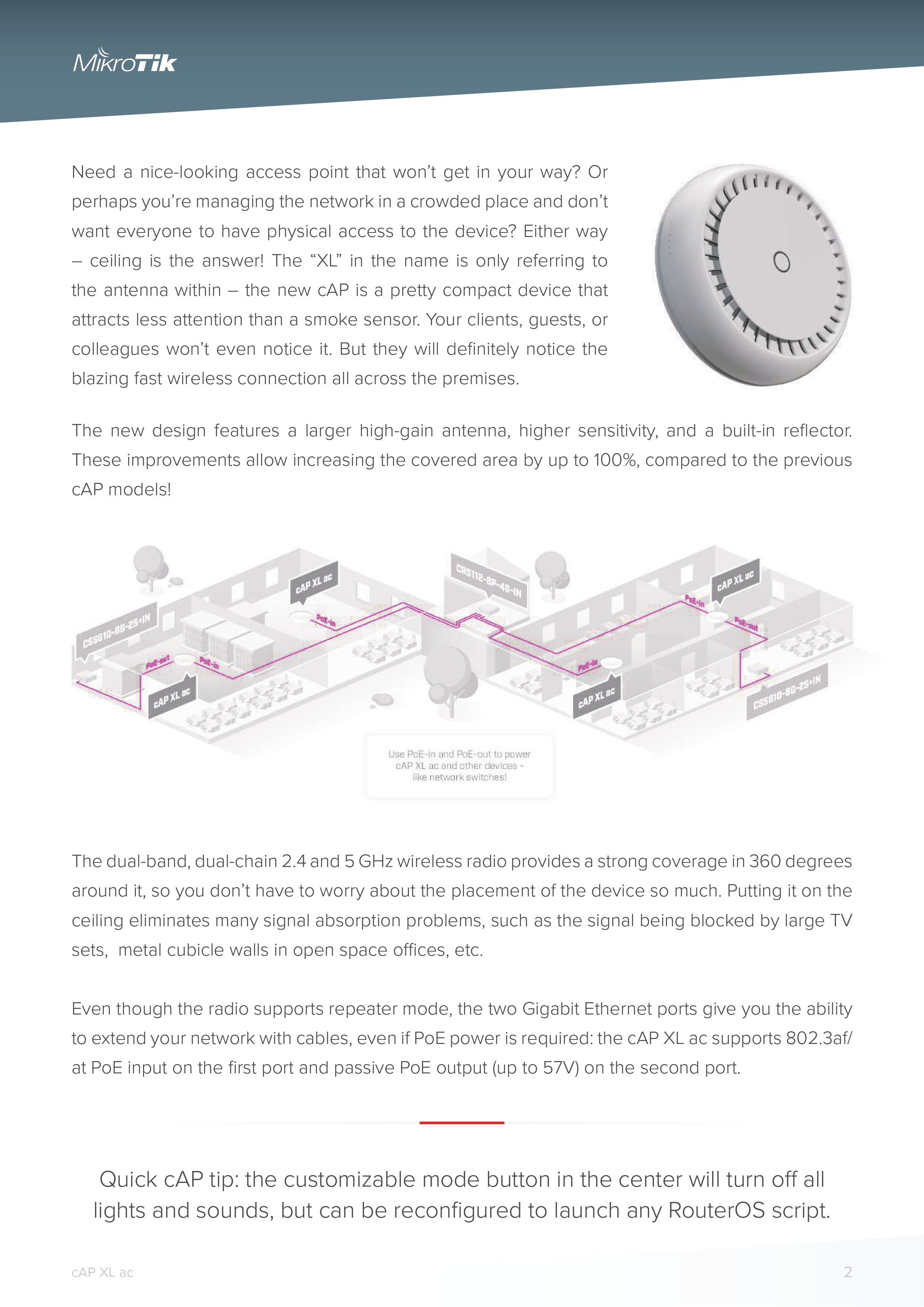MikroTik cAP XL ac Ceiling Wireless Access Point, Dual-Band Gigabit, High-Gain Antenna, PoE In/Out, 128MB RAM, RouterOS