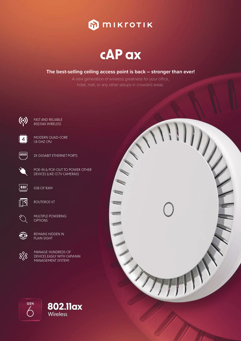 MikroTik cAP ax Ceiling Access Point with AX Wi-Fi 6, Quad-Core CPU, 1GB RAM, Dual Gigabit Ports, PoE In/Out, RouterOS v7, Hidden Design