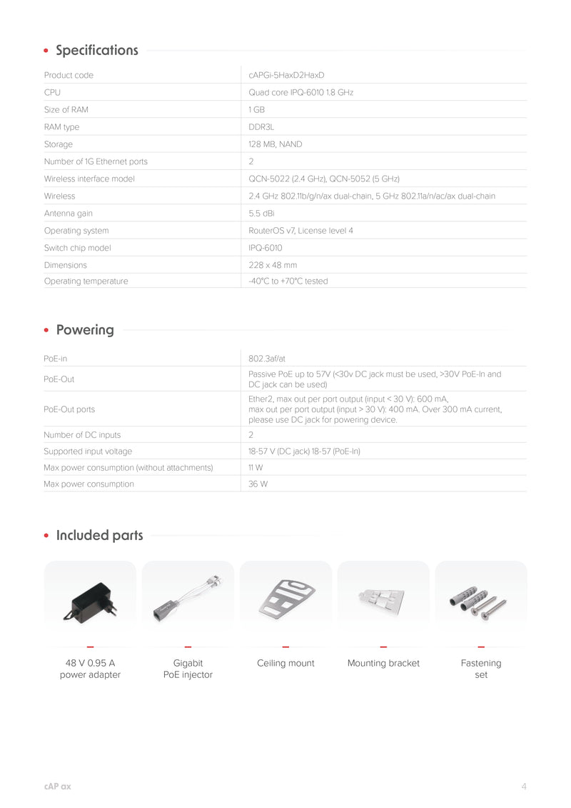 MikroTik cAP ax Ceiling Access Point with AX Wi-Fi 6, Quad-Core CPU, 1GB RAM, Dual Gigabit Ports, PoE In/Out, RouterOS v7, Hidden Design