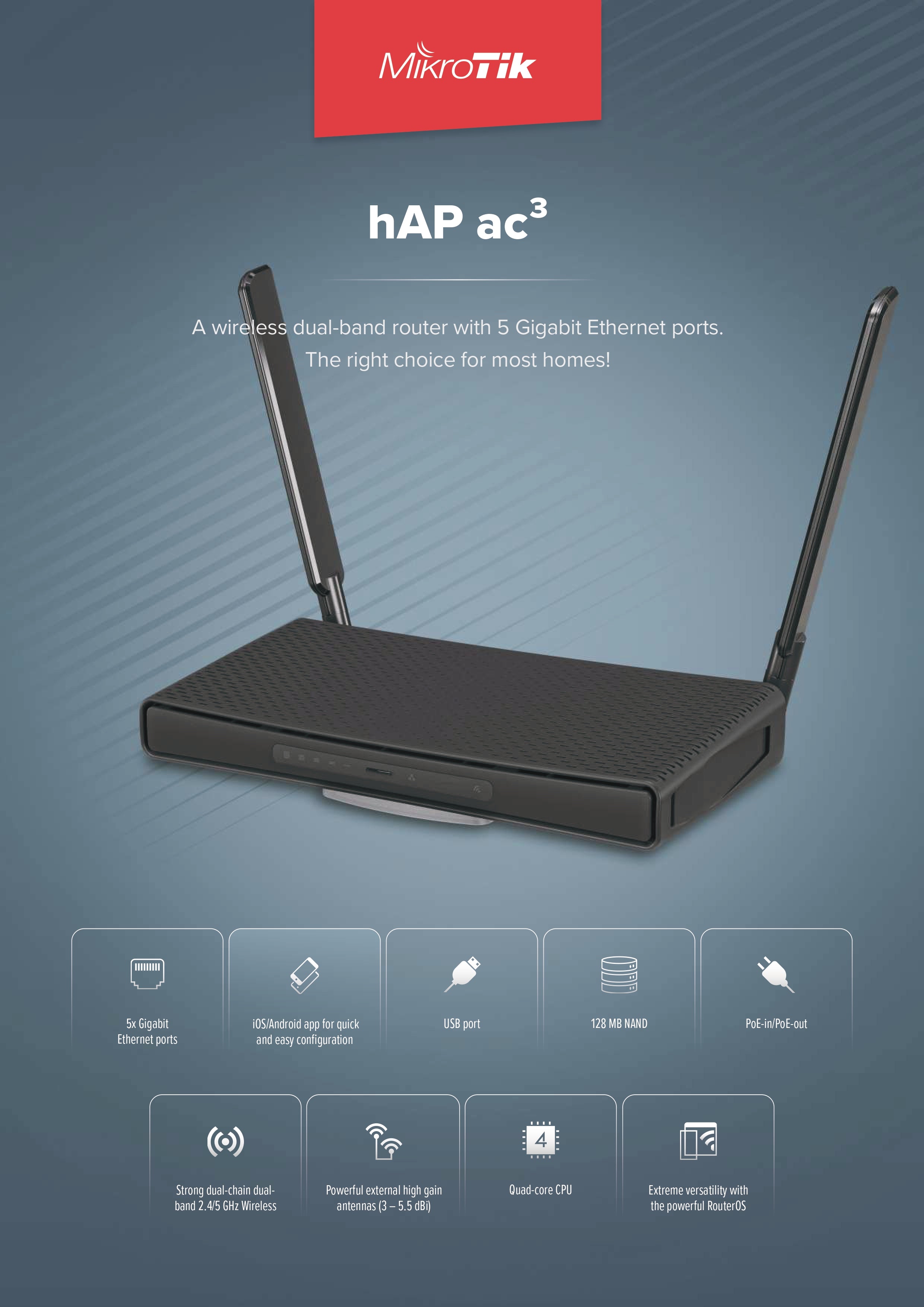 جهاز التوجيه اللاسلكي MikroTik hAP ac³ مزدوج النطاق مع 5 منافذ جيجابت، وهوائيات خارجية عالية الكسب، USB، PoE-in/PoE-out، ونظام RouterOS