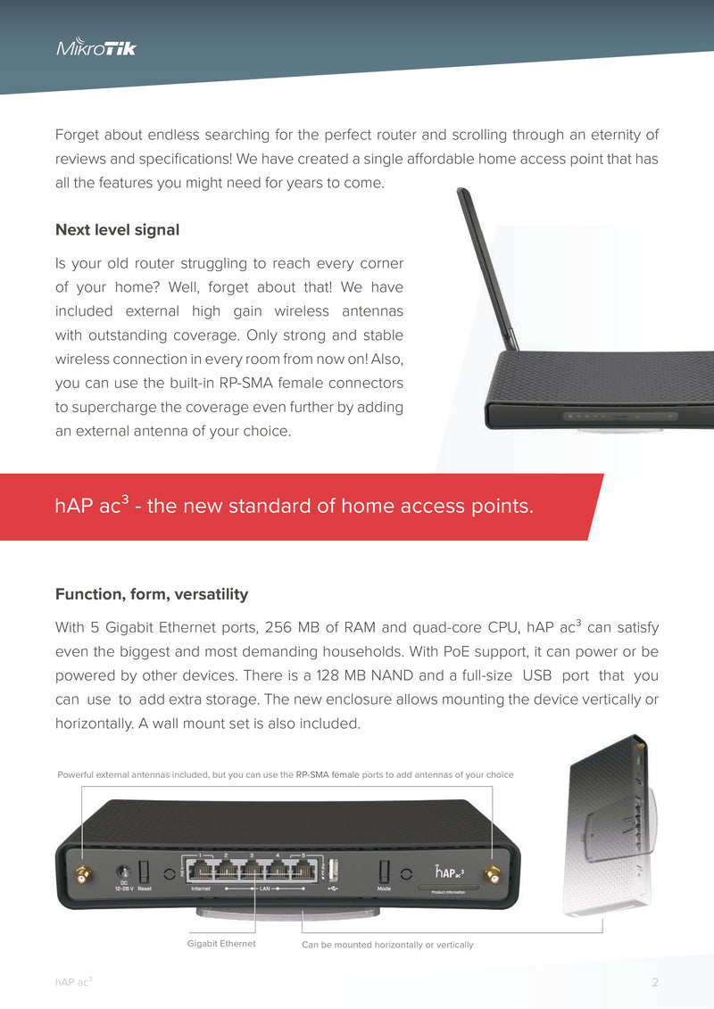 MikroTik hAP ac³ Dual-Band Wireless Router with 5 Gigabit Ports, External High Gain Antennas, USB, PoE-in/PoE-out, and RouterOS