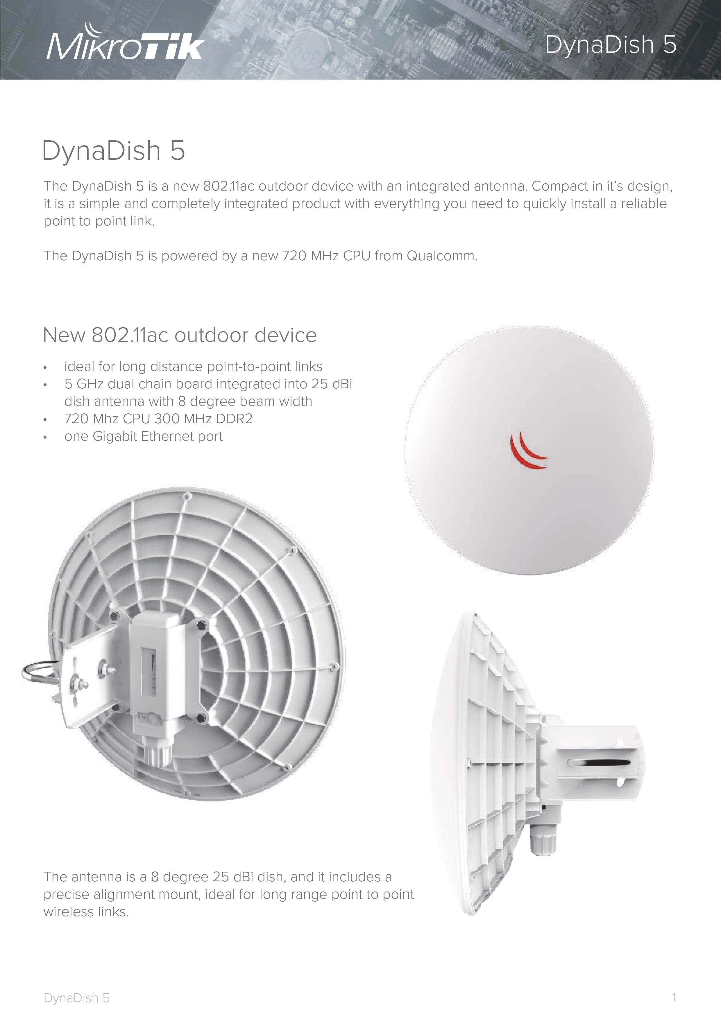 MikroTik DynaDish 5 Outdoor 5GHz 802.11ac Dual-Chain, 720MHz CPU, 128MB RAM, 25dBi Dish Antenna, Gigabit PoE Port